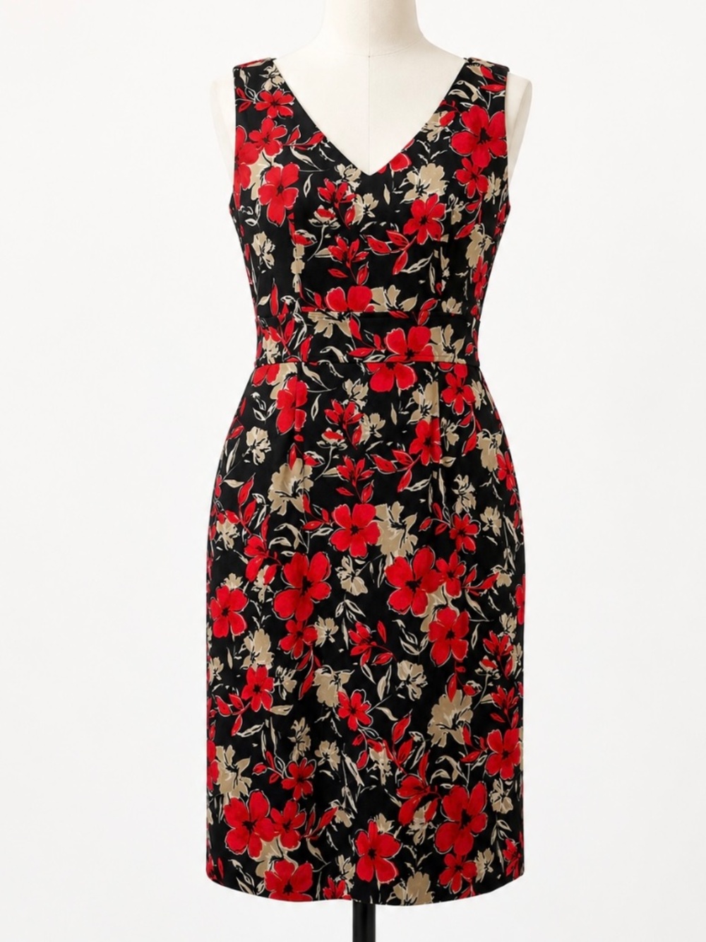 Donna Ricco Cotton Black Floral Sheath Dress Red & Beige Print Sleeveless SZ 8